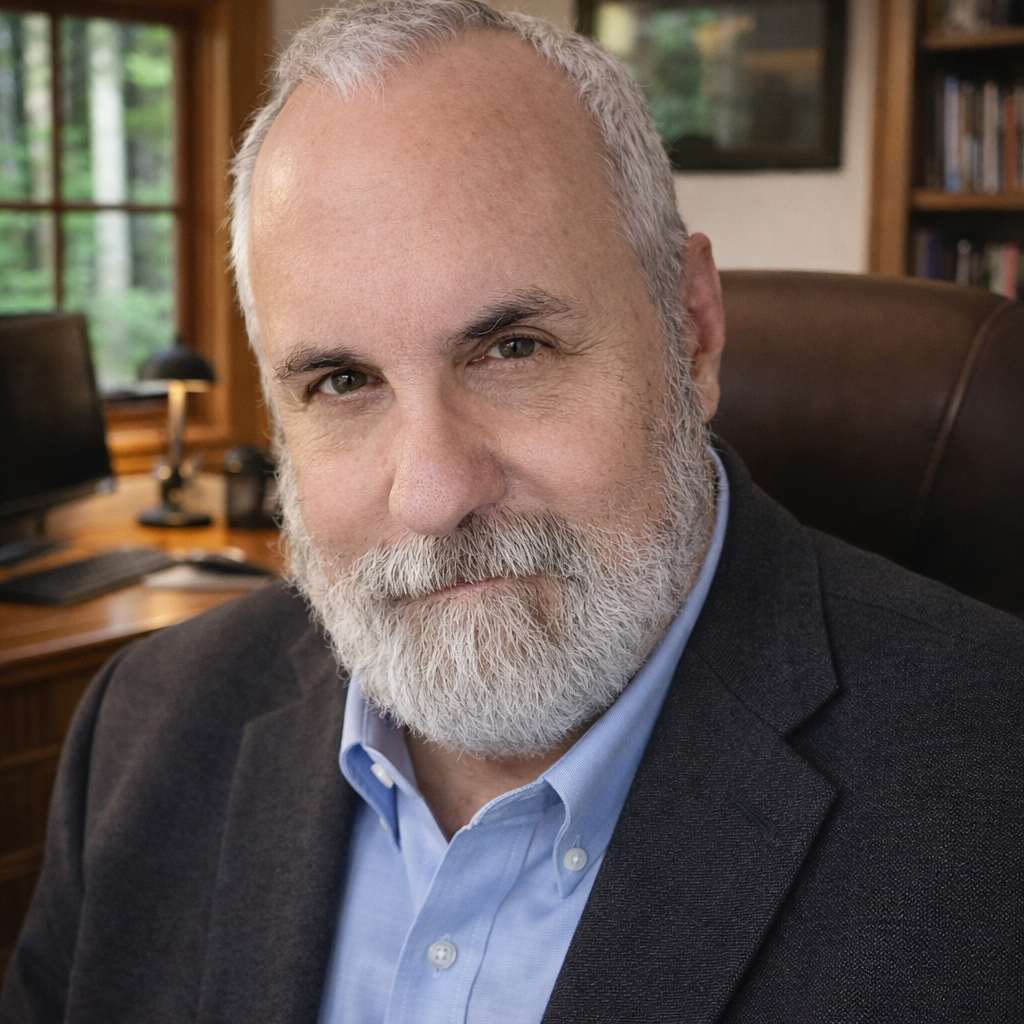 Dan Adams, writer of The Shadow Frontier, a middle-aged man with a white beard and short hair, wearing a dark blazer and light blue shirt, sitting in a well-lit home office with a wooden desk, bookshelves, and large windows in the background.