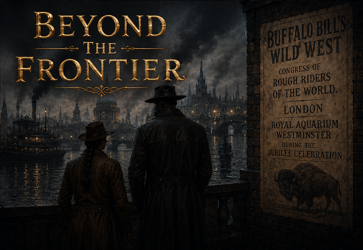 Dark illustration of two people in leather coats and hats, standing by a river with boats, overlooking a city skyline with tall spires and smoke. There is a large sign on the right with Old West-style text about Buffalo Bill's Wild West show in London during a jubilee celebration.