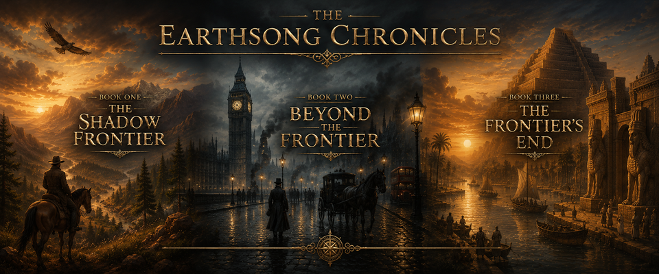 Promotional artwork for 'The Earthsong Chronicles,' depicting three book titles: 'The Shadow Frontier' with mountains and a rider on a horse, 'Beyond the Frontier' with a town and Big Ben in the background, and 'The Frontier's End' with ancient ruins and ships at sunset.