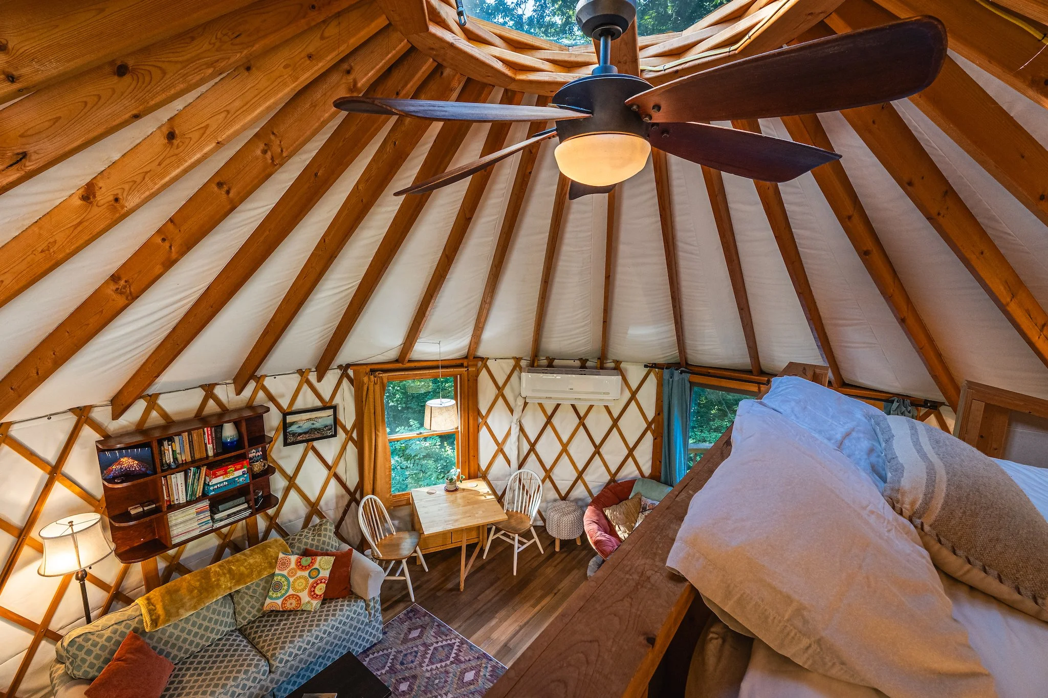 Interior living area of the unique yurt vacation rental at New River Nooks in New River Gorge WV