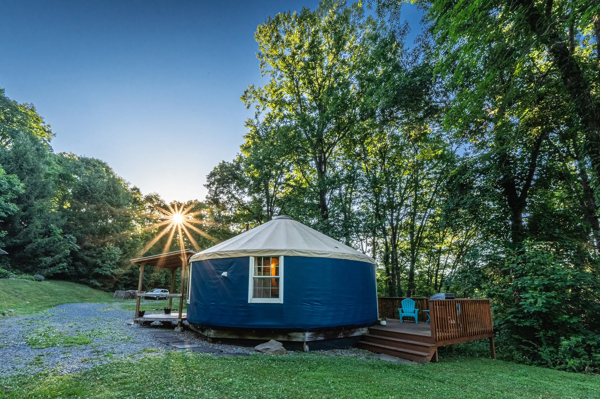 Sunset over the unique yurt vacation rental at New River Nooks in New River Gorge WV.
