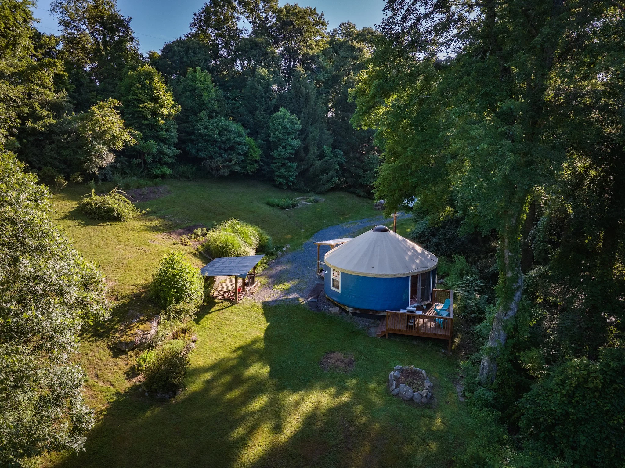 Aerial view of the yurt at New River Nooks in Fayetteville WV located in the New River Gorge.
