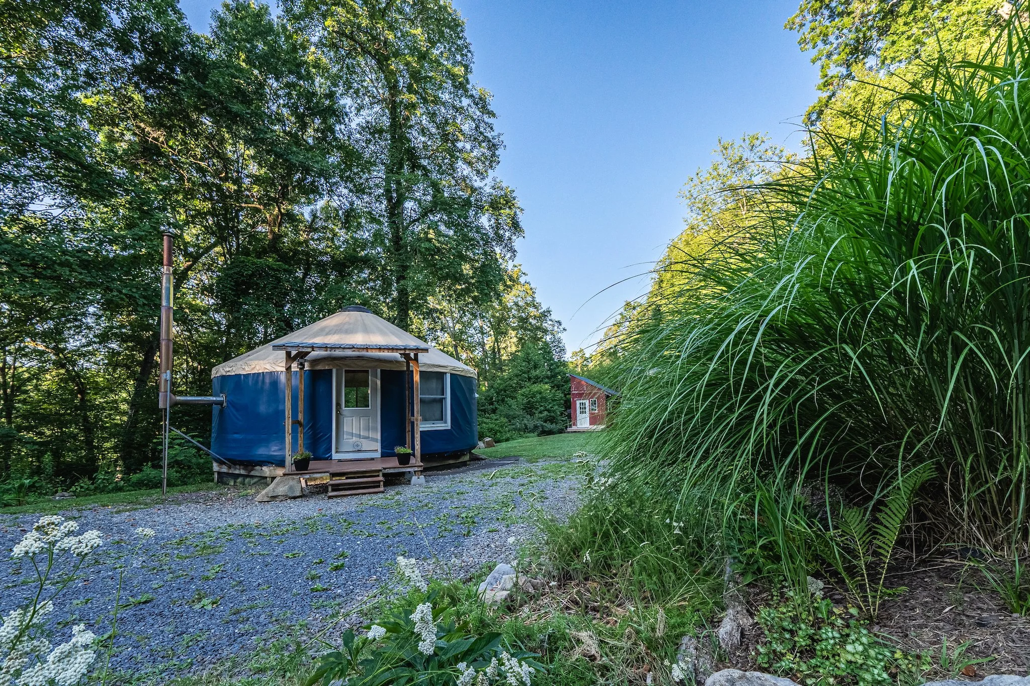 New River Nook's cozy yurt surrounded by trees in New River Gorge WV.