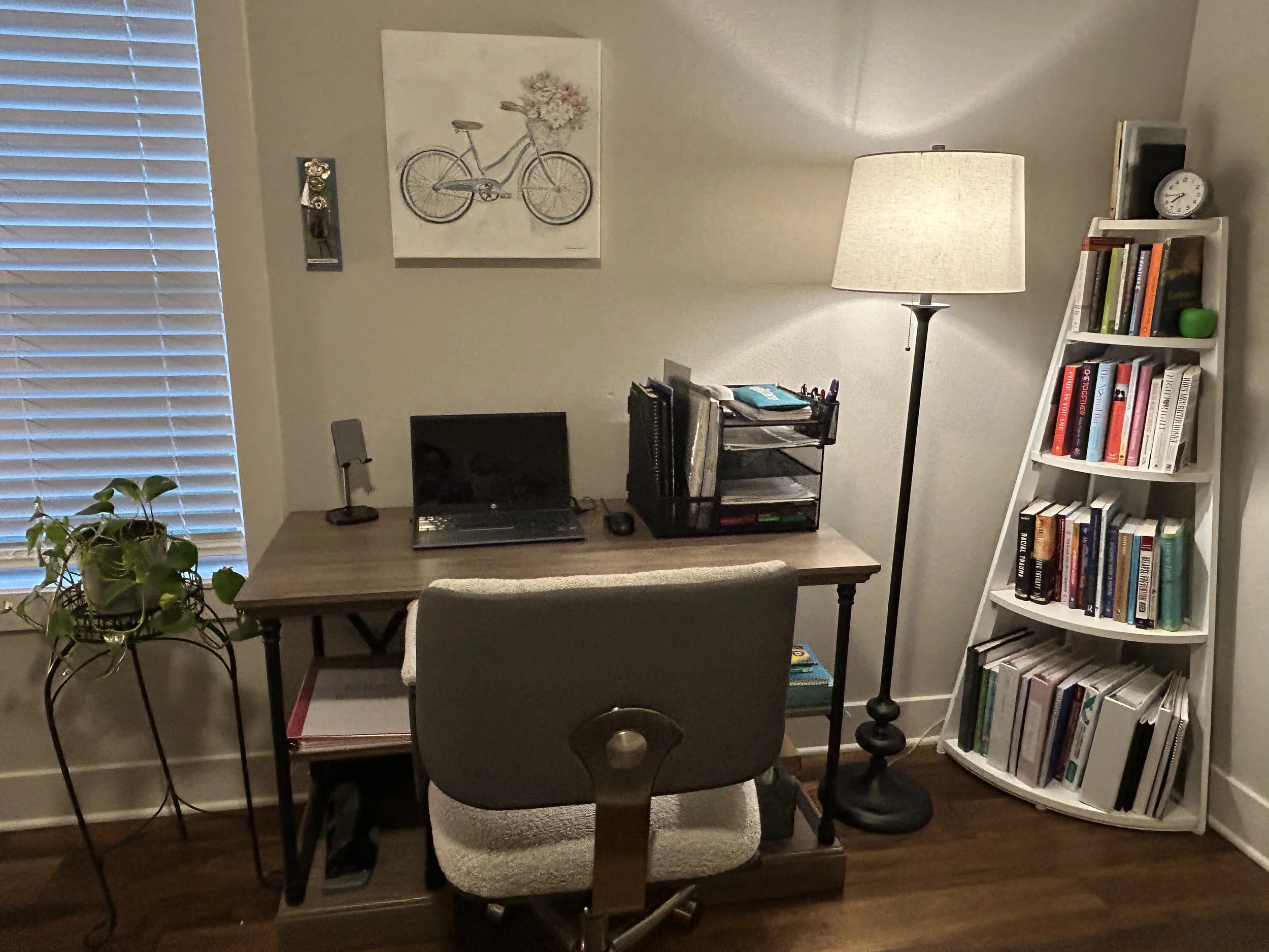 Therapist desk with potted plan on the side and white bookshelf in the corner.