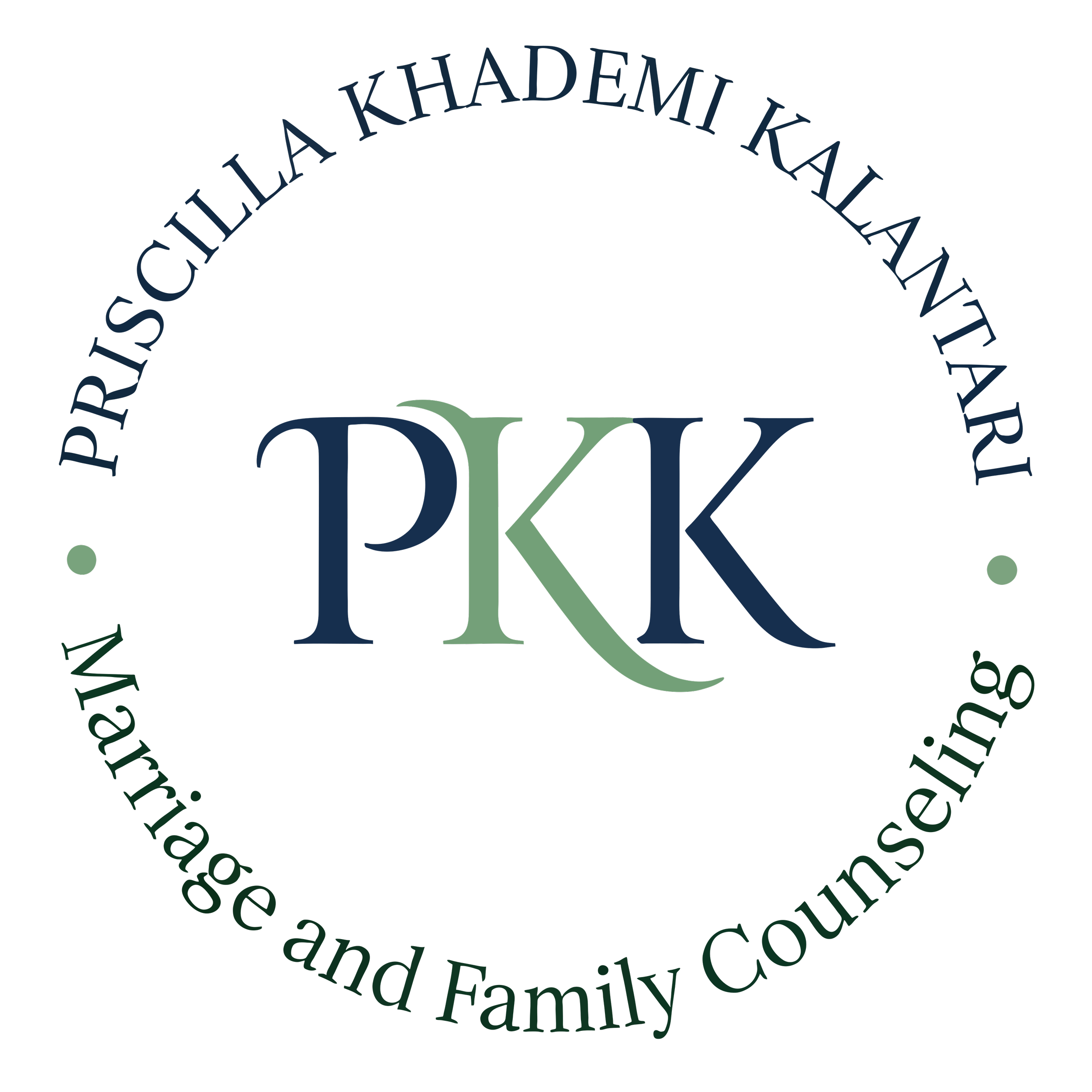 Logo of Priscilla Khademi Kalantari Marriage and Family Counseling with the initials PKK in green and blue, encircled by the full name in green and blue.