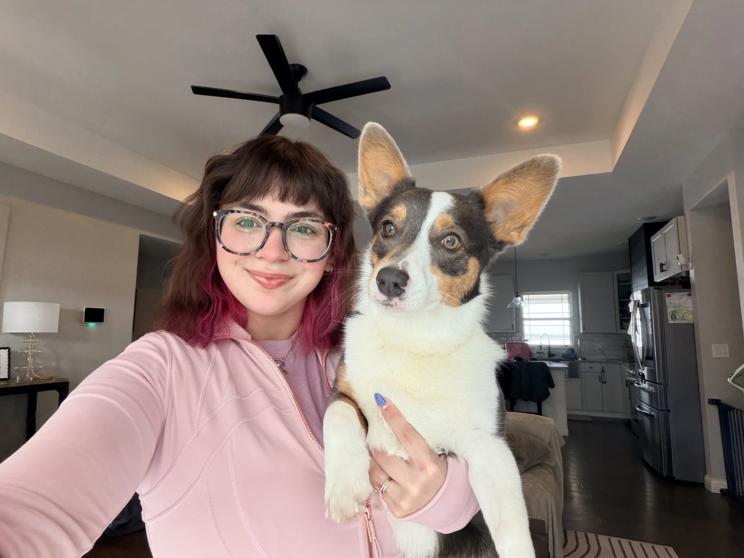 A woman with glasses and pink hair holding a dog with large ears in a brightly lit kitchen.