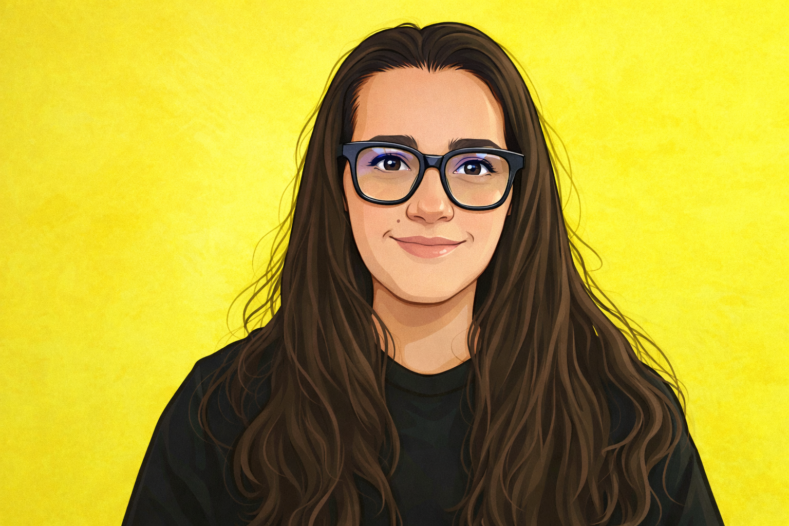 Digital illustration of a young woman with long wavy brown hair, wearing glasses and a black shirt, standing against a yellow background.
