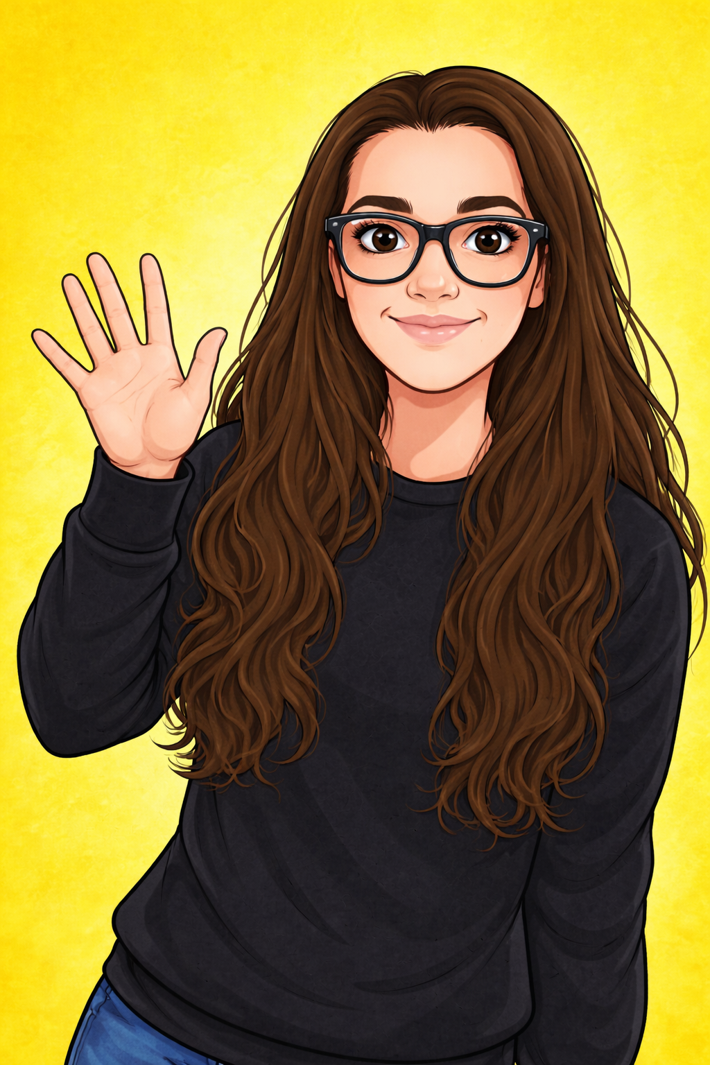 Cartoon woman with long brown hair, glasses, and a black sweatshirt waving against a yellow background.