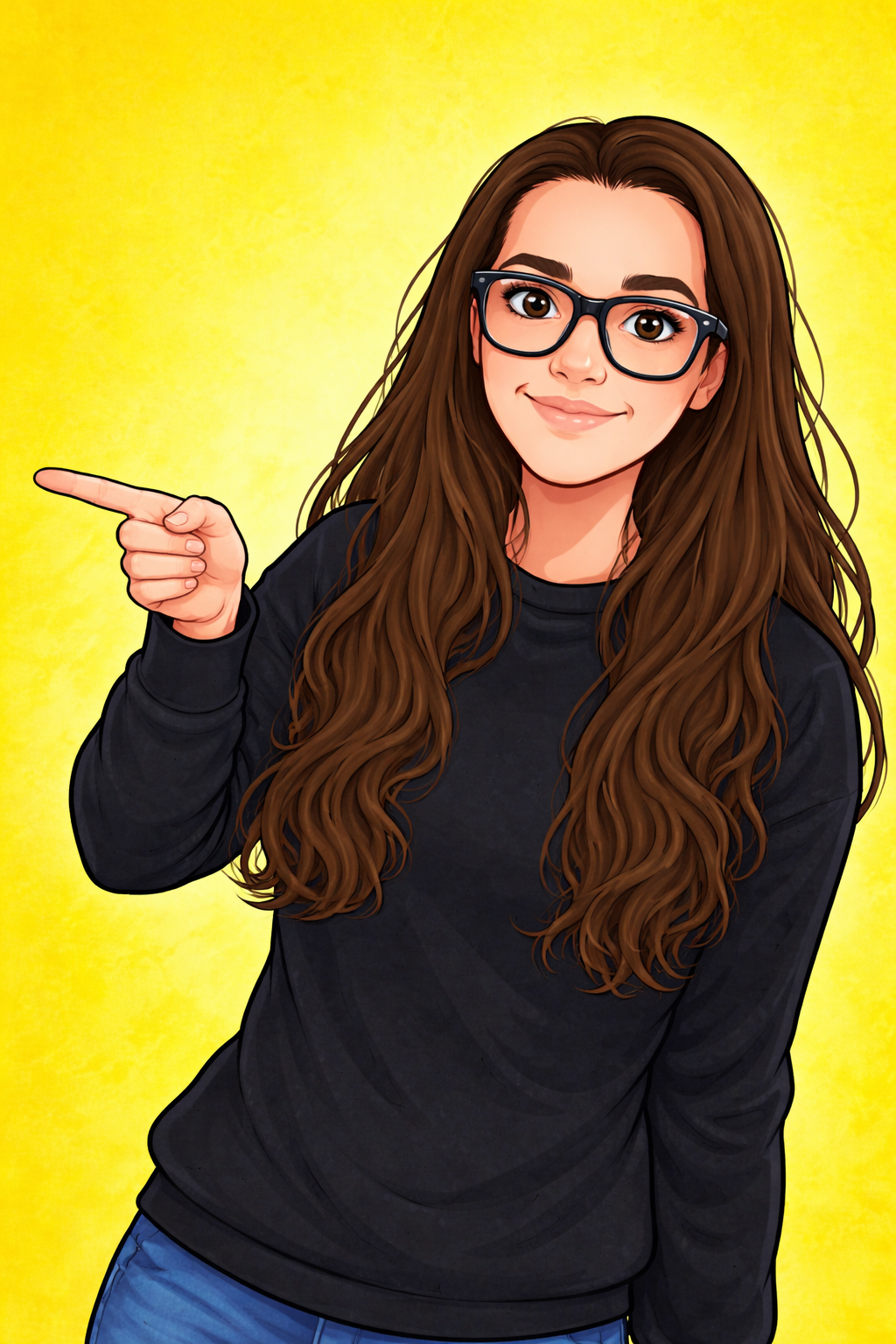A cartoon girl with brown hair, wearing glasses and a black long-sleeve shirt, is pointing to the left against a yellow background.