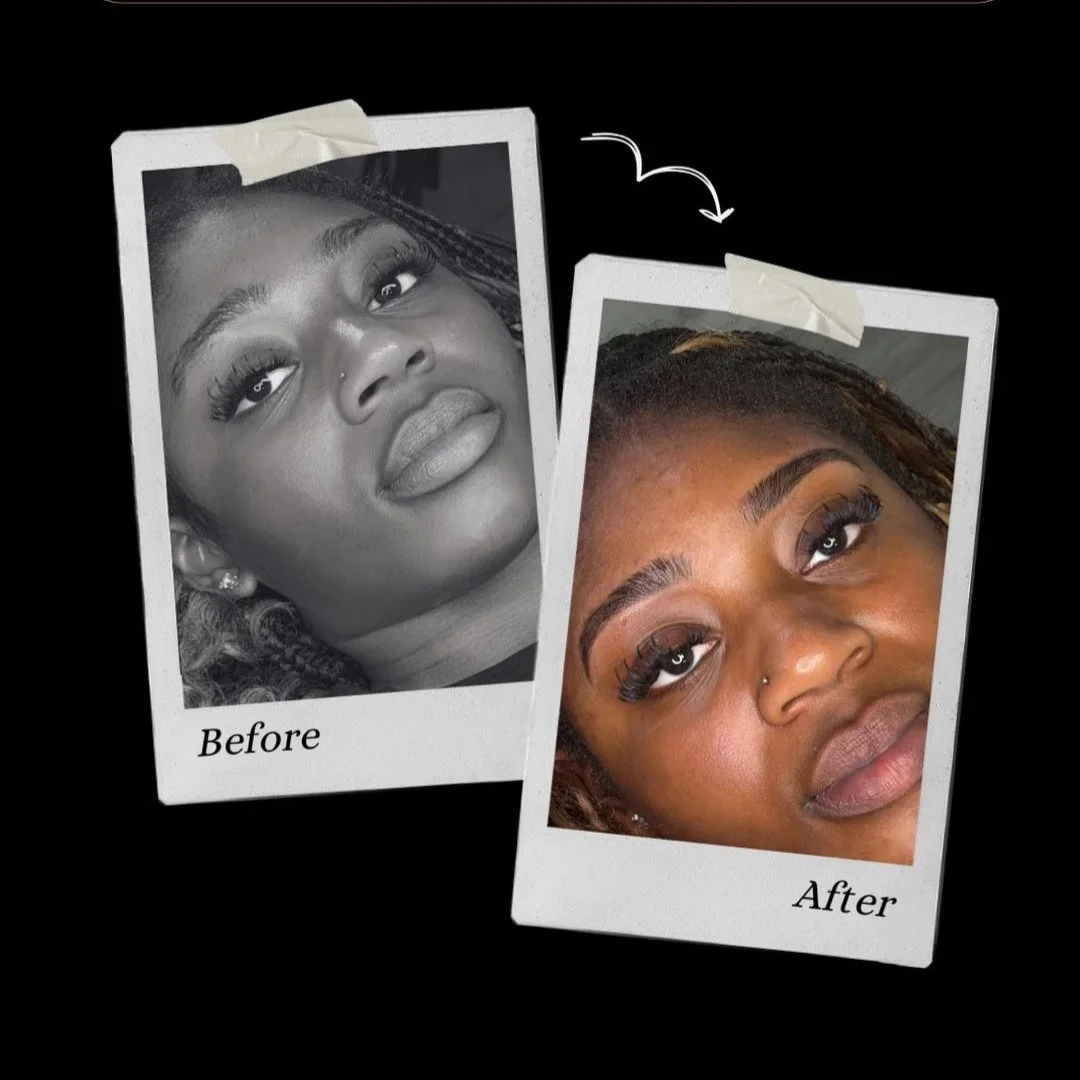 Side-by-side comparison of a woman before and after makeup application, with the before image in black and white and the after image in color, labeled 'Before' and 'After'.