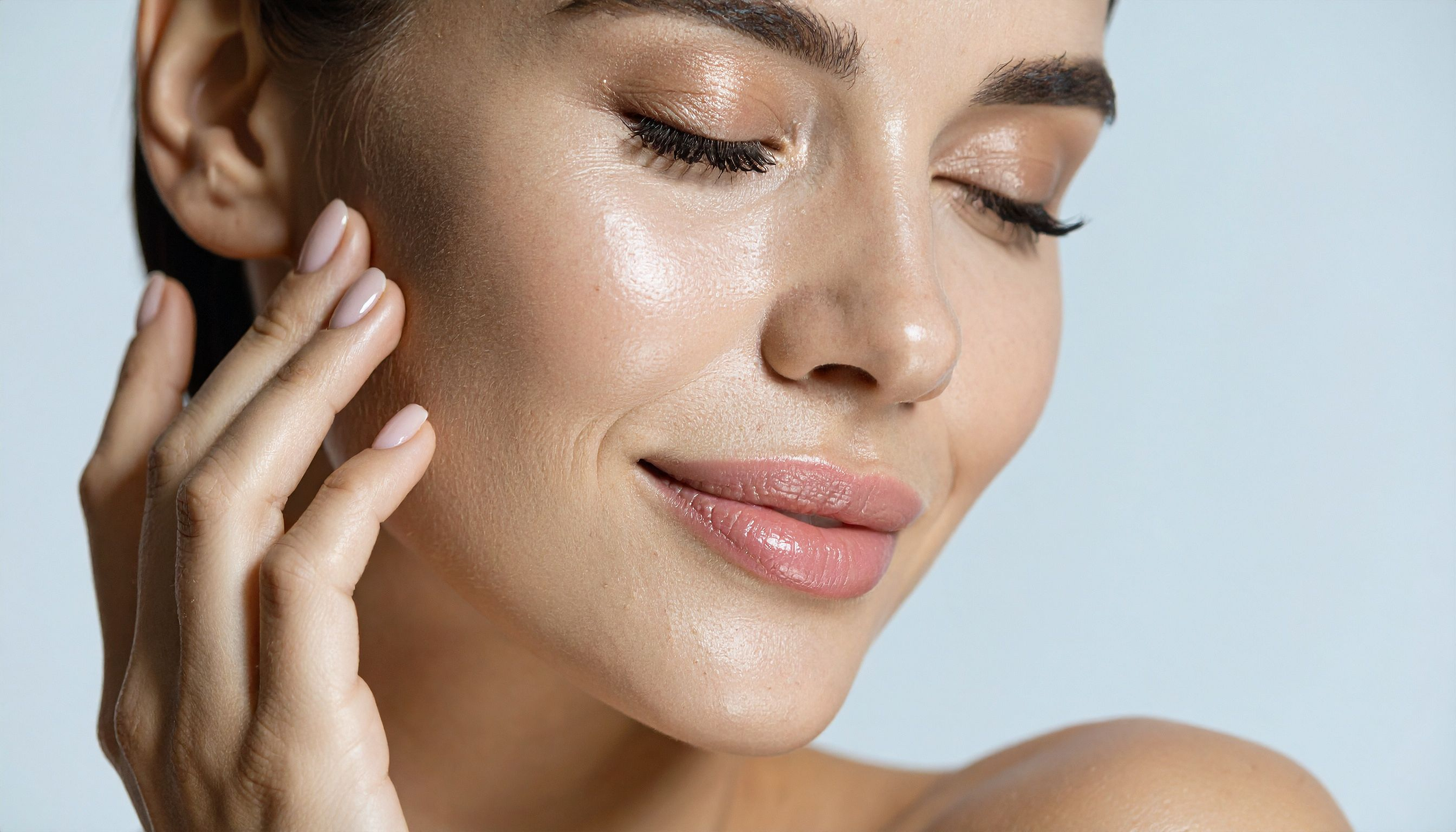 A close-up of a woman with clear skin, closed eyes, long dark eyelashes, and her hand gently touching her face, against a light background.
