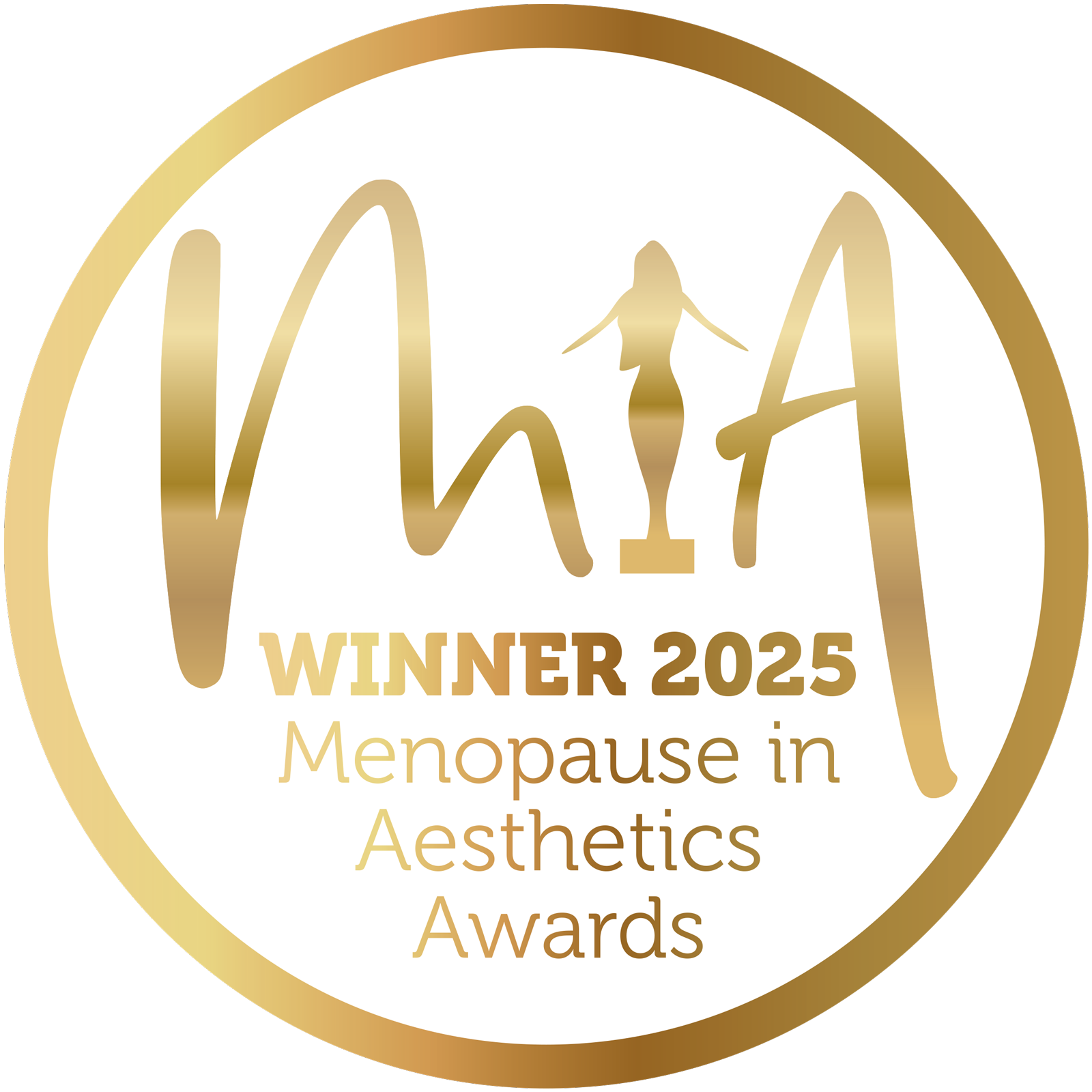 Gold and white circular award badge that says "Winner 2025" in large gold text, with a silhouette of a woman in a gown and the text "Menopause in Aesthetics Awards" beneath.