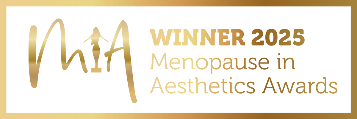 Graphic announcing the 2025 Menopause in Aesthetics Awards winner with gold and white color scheme.