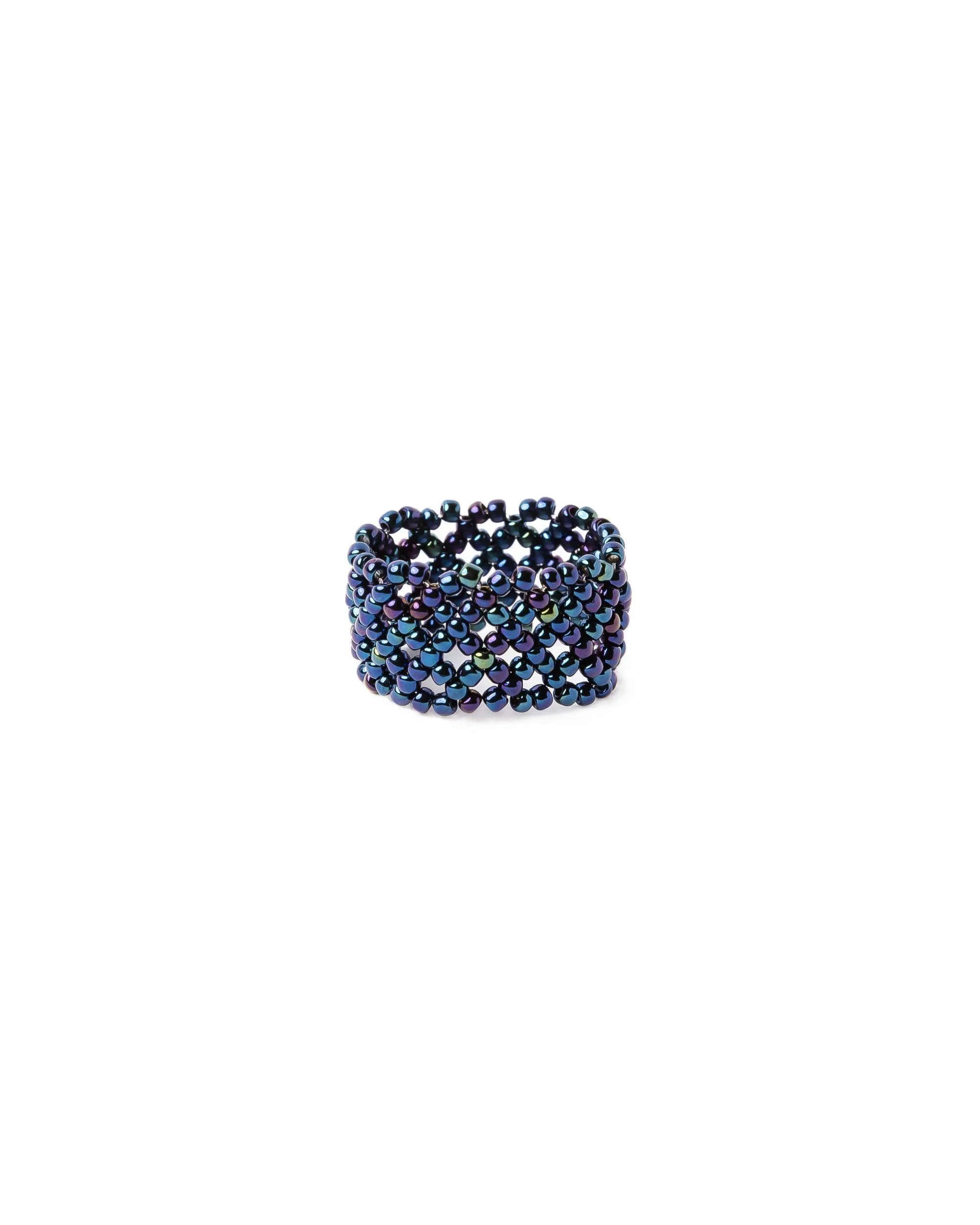 Blue beaded ring photographed on a white background for a handmade jewellery brand