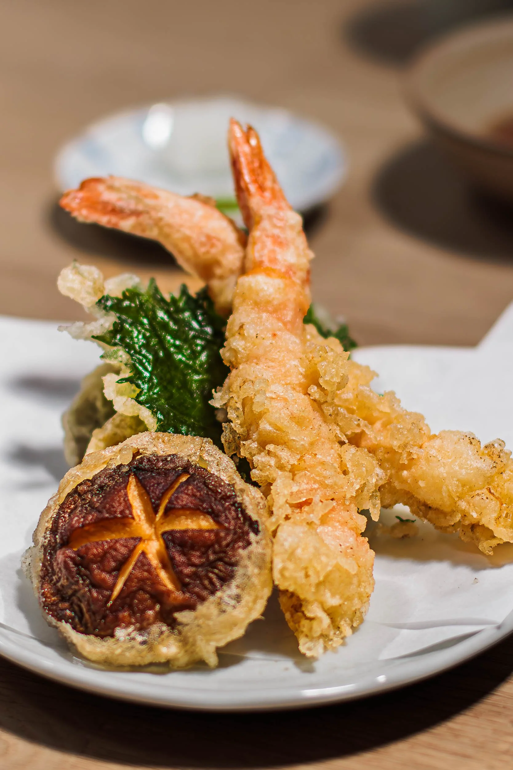Food photography image of tempura prawns and mushroom