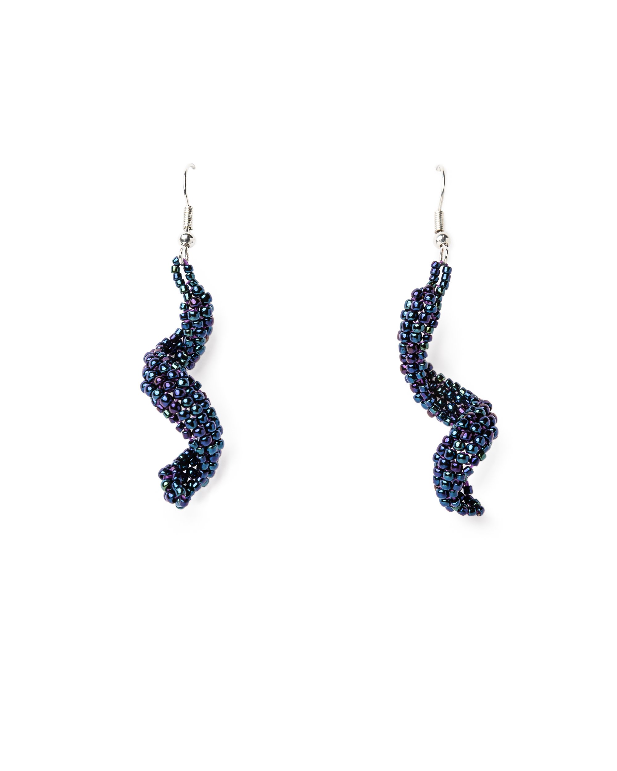 Clean presentation of a pair of blue spiral handmade earrings 