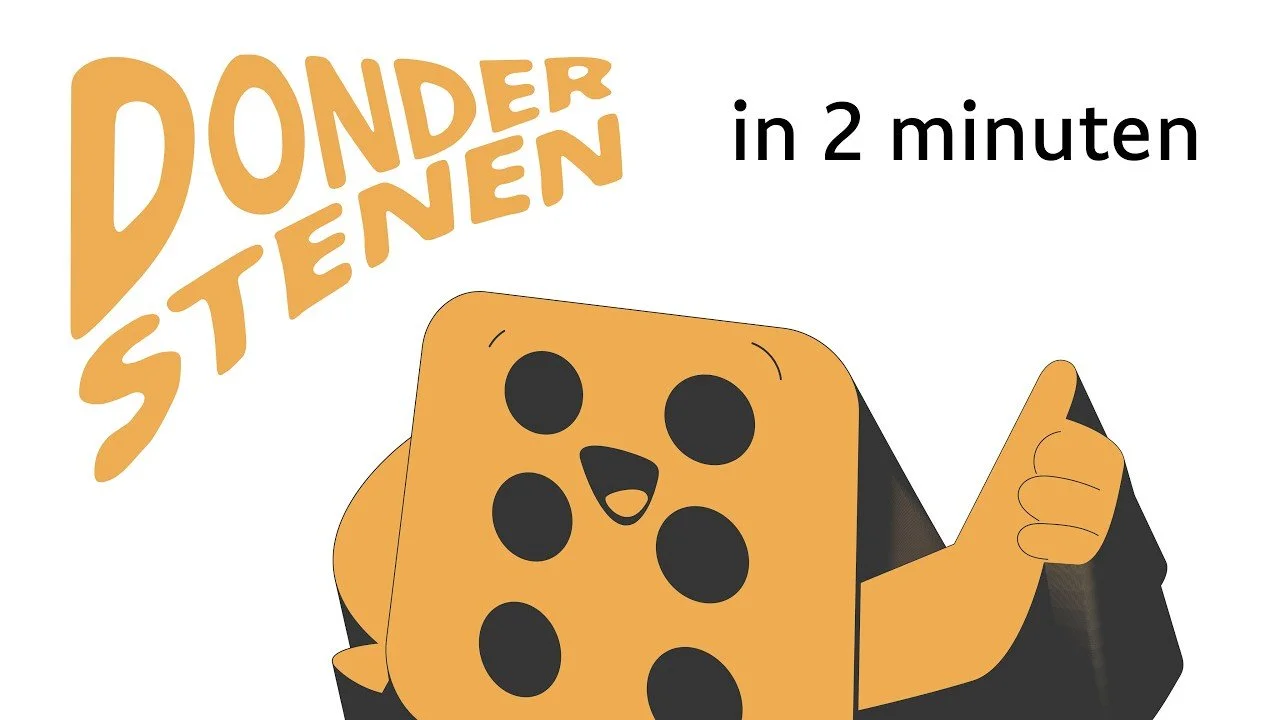 Illustratie van een dobbelsteen mascotte met een gezicht, arm en duim omhoog, en tekst 'Donderstenen in 2 minuten'.