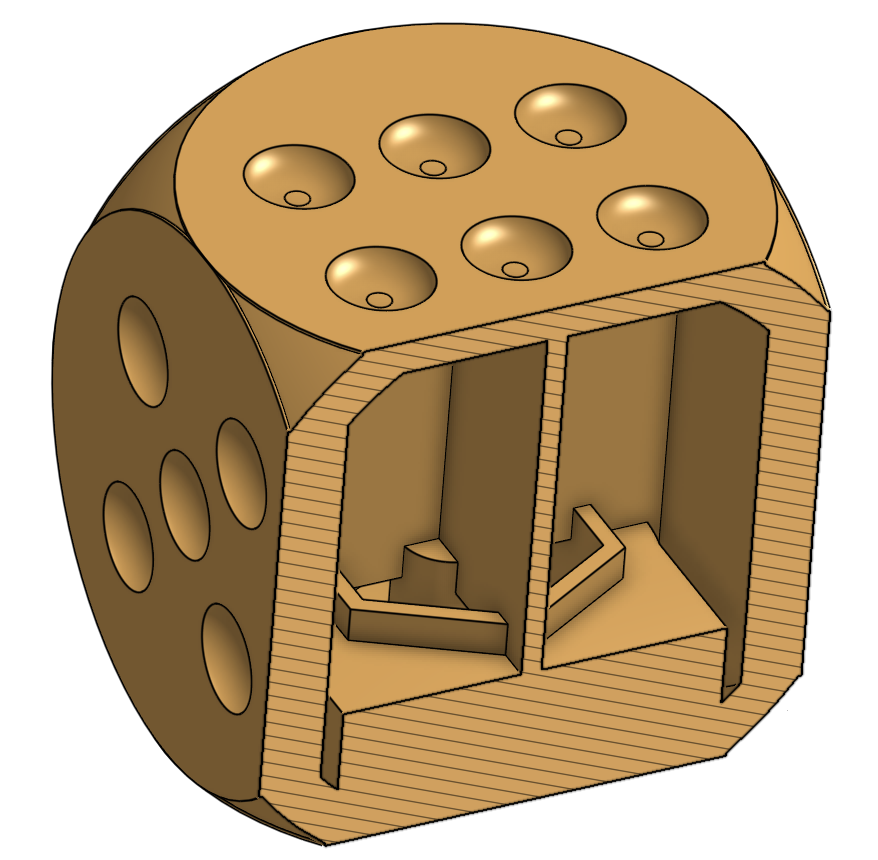 Een 3D-model van een verzwaarde dobbelsteen die in het dobbelspel Donderstenen zit.