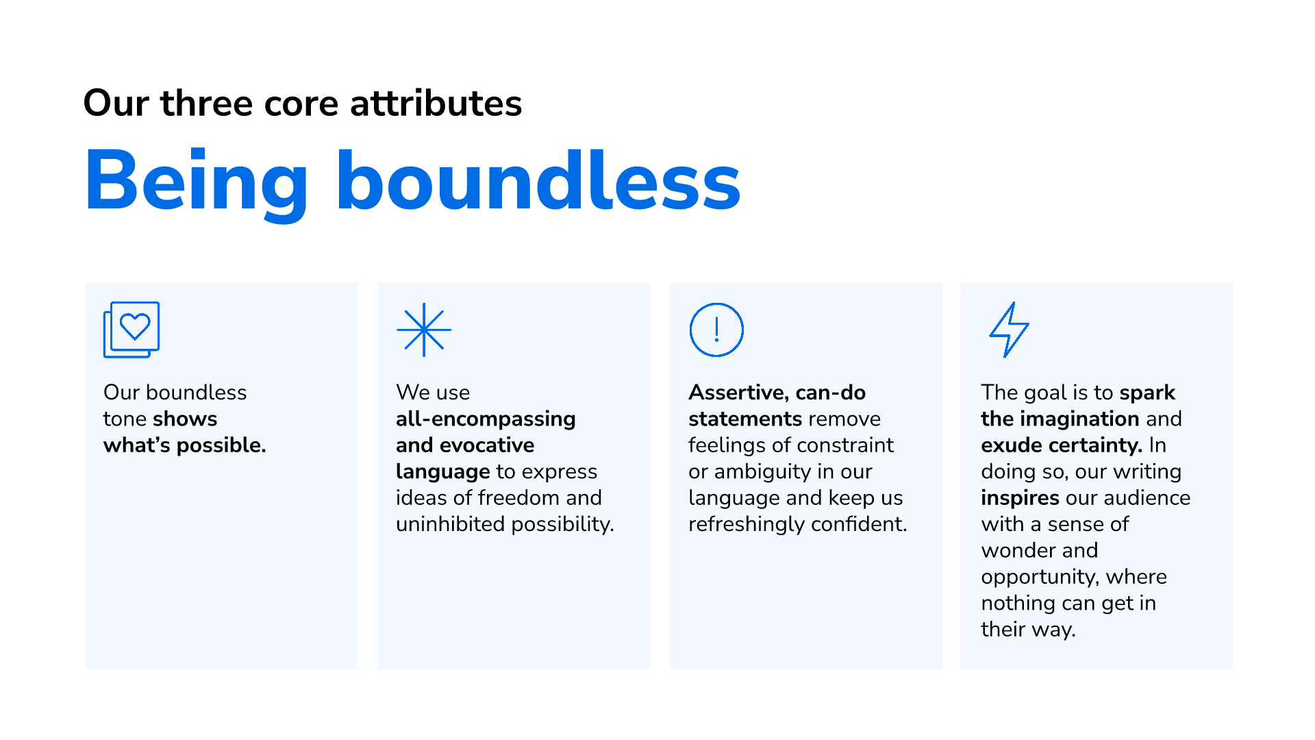 Information slide explaining the tone of voice attribute 'boundless'.