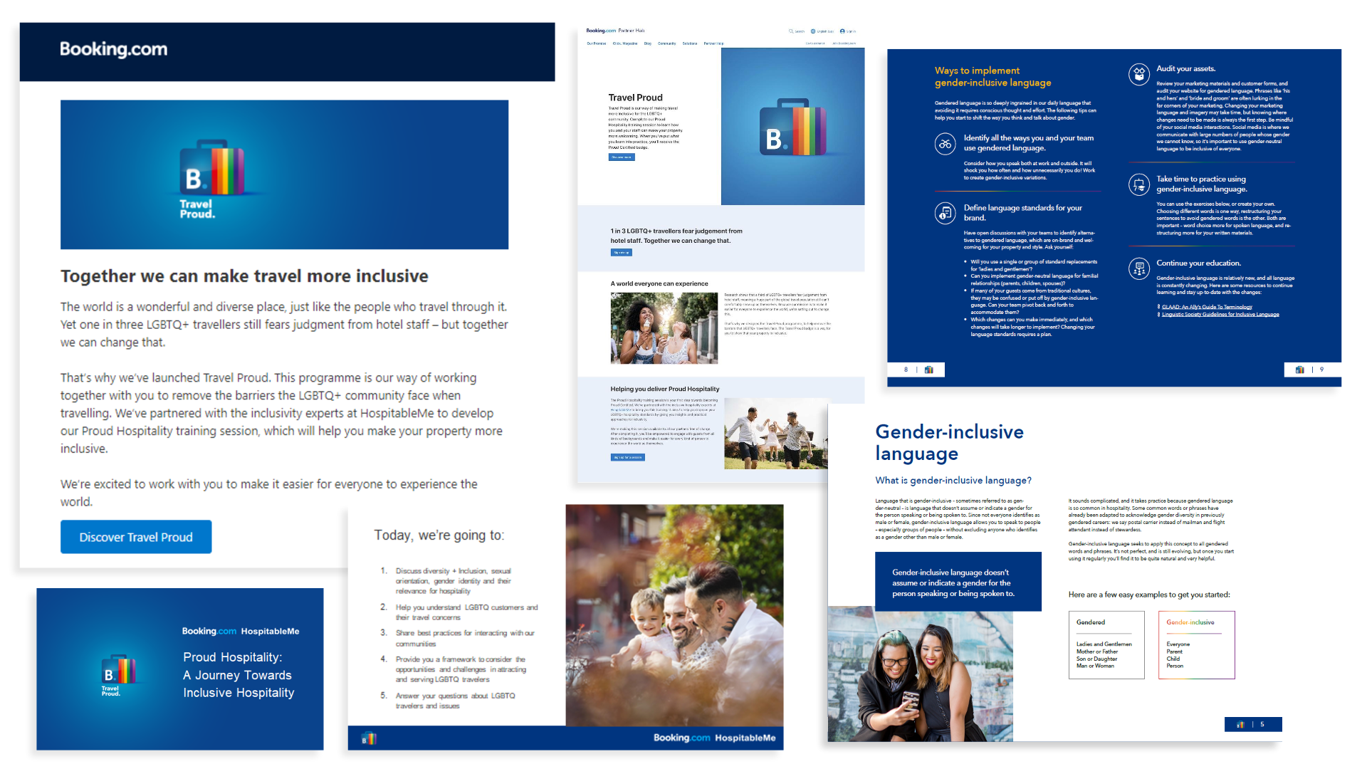 A series of images showcasing training materials, language guidelines and partner information for Booking.com's Travel Proud program