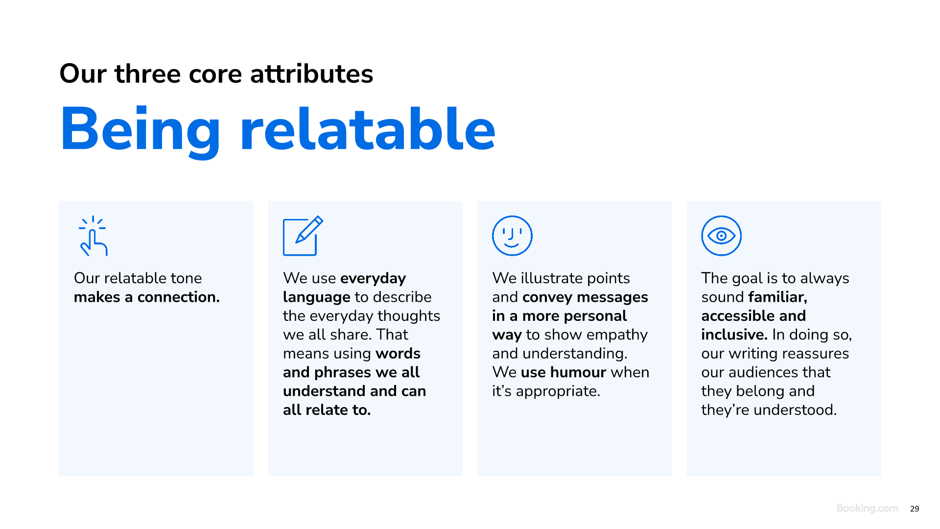 Information slide explaining the tone of voice attribute 'relatable'.