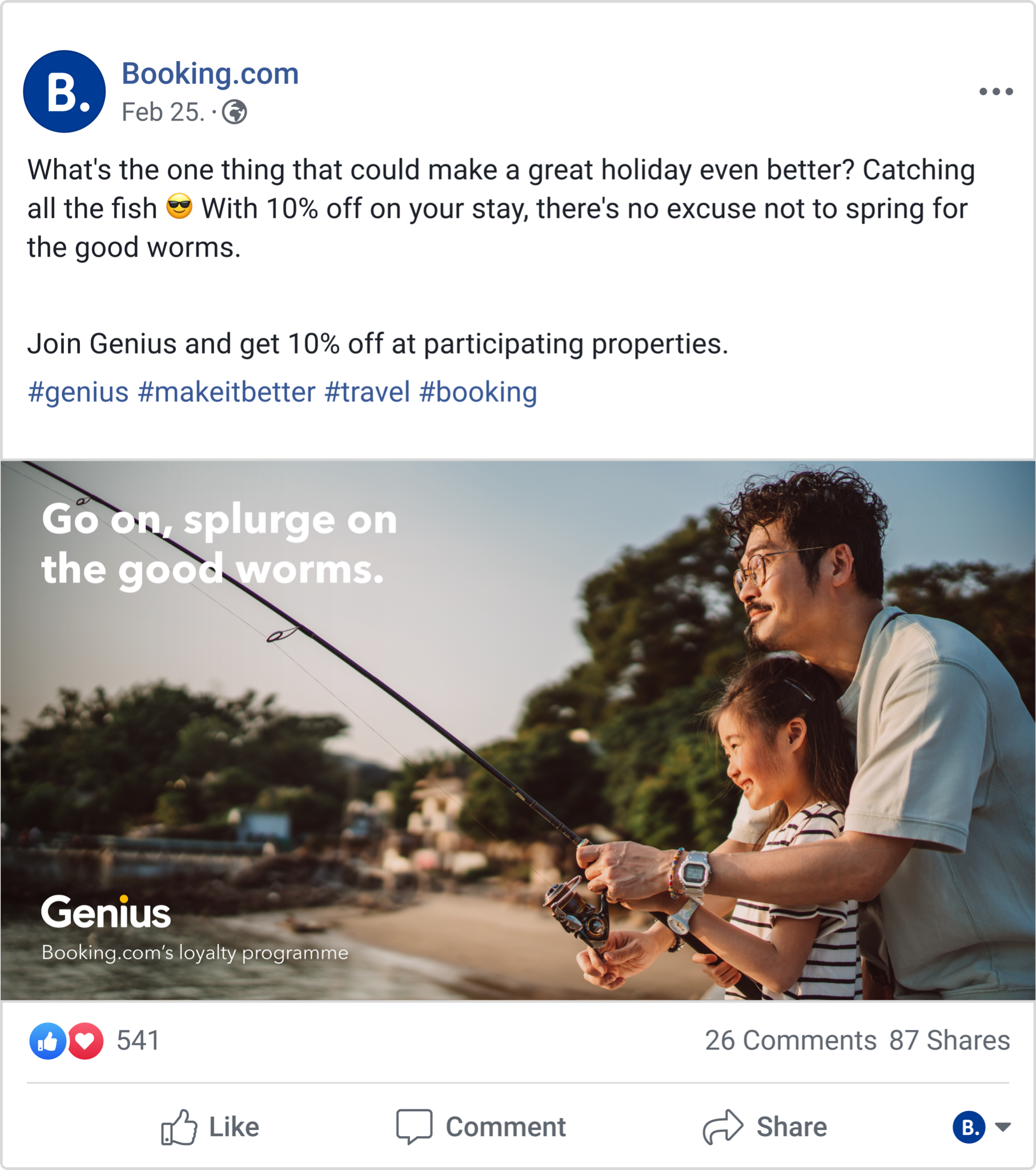 A Facebook post featuring a father and daughter fishing, with the headline "Go on, splurge on the good worms".