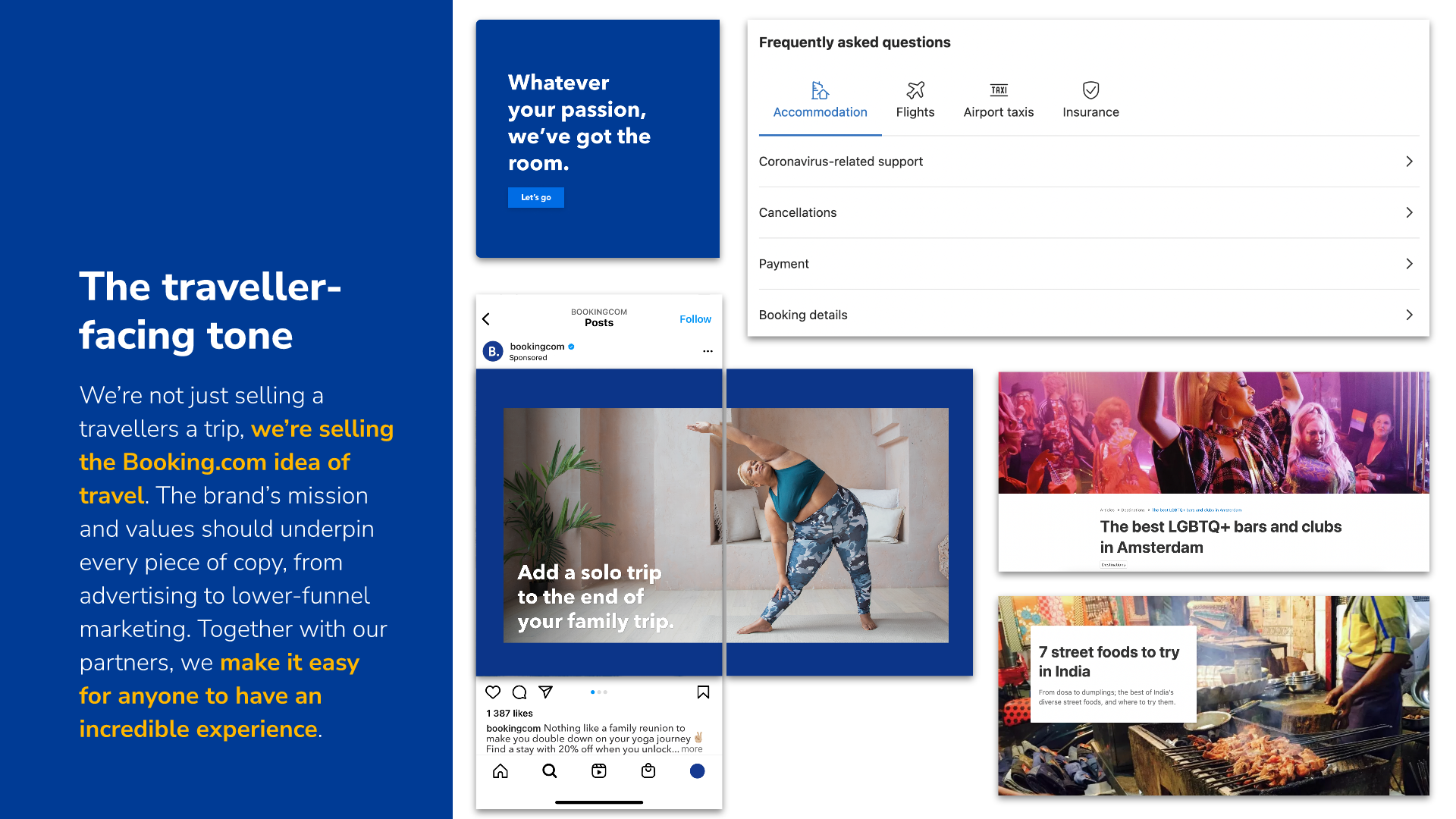 Information slide explaining the Booking.com traveller-facing tone of voice.