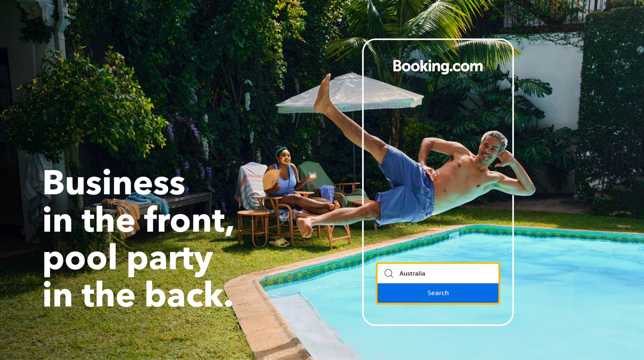 An image featuring a pereson playfully jumping into a pool and another person sitting and wearing a beauty mask, with the headline "Business in the front, pool party in the back".