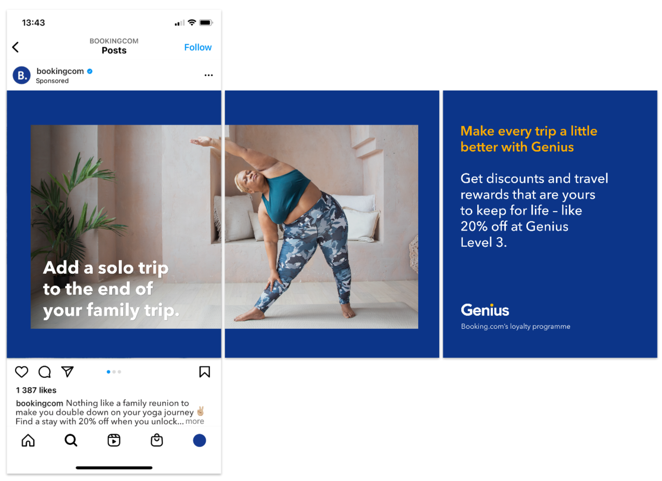An Instagram carousel featuring a person doing yoga, with the headline "Add a solo trip to the end of your family trip".