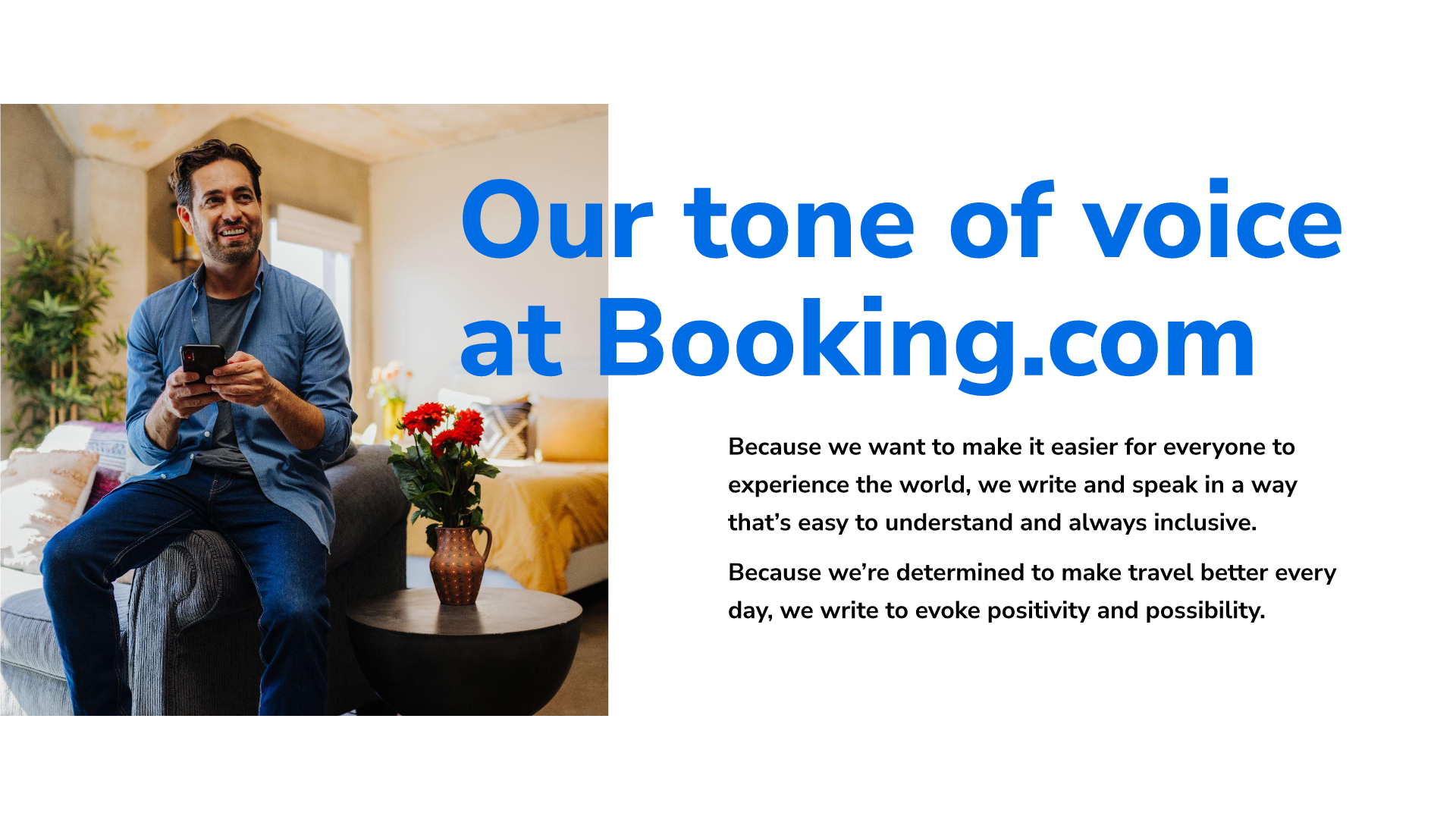 Information slide with the title "our tone of voice at Booking.com".