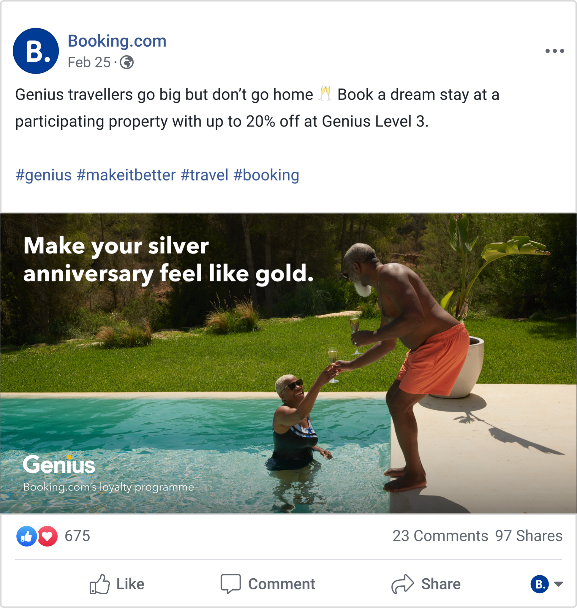 A Facebook post featuring a couple at a swimming pool, with the headline "Make your silver anniversary feel like gold".
