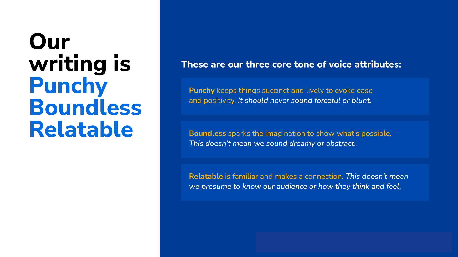 Information slide with the title "Our writing is punchy, boundless and relatable".