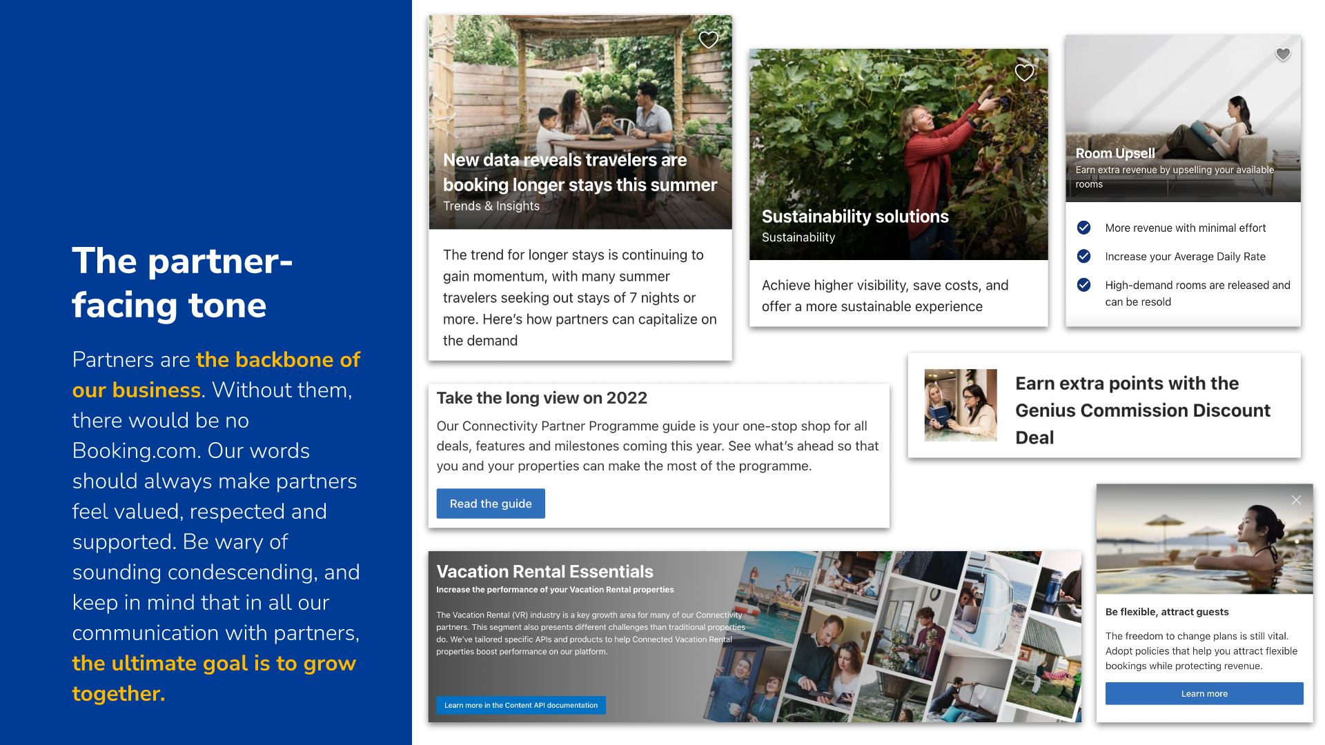 Information slide explaining the Booking.com partner-facing tone of voice.