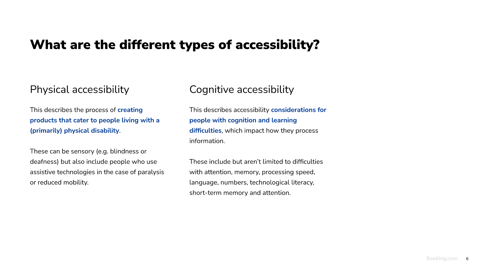 Information slide explaining physical and cognitive accessibility.