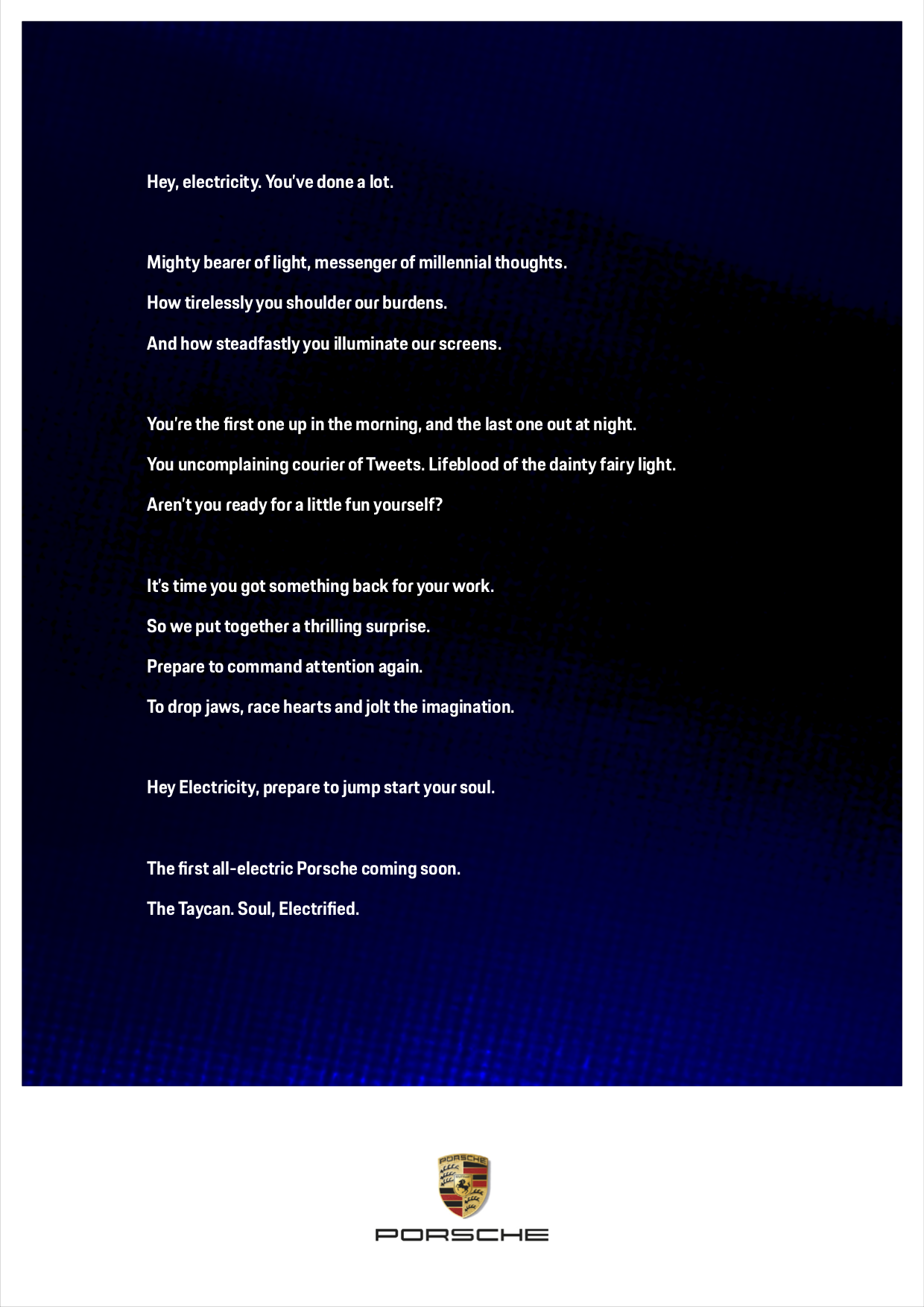 A print ad for the Porsche Taycan, with the tagline "Soul, electrified".