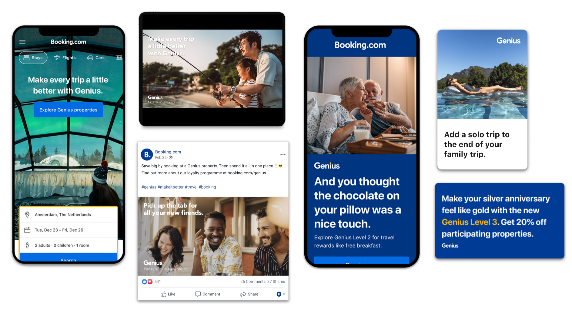 A collection of six digital ads for the Genius campaign, with the tagline "Make every trip a little better with Genius".