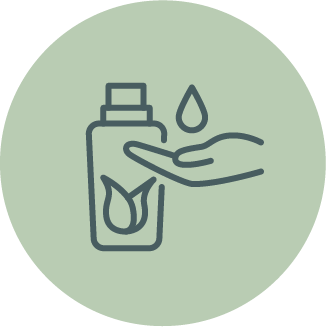 Illustration of a hand sanitizer bottle with a drop of sanitizer and a hand.