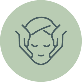 Illustration of a person receiving a facial massage or skincare treatment with hands on their face, on a light green background.