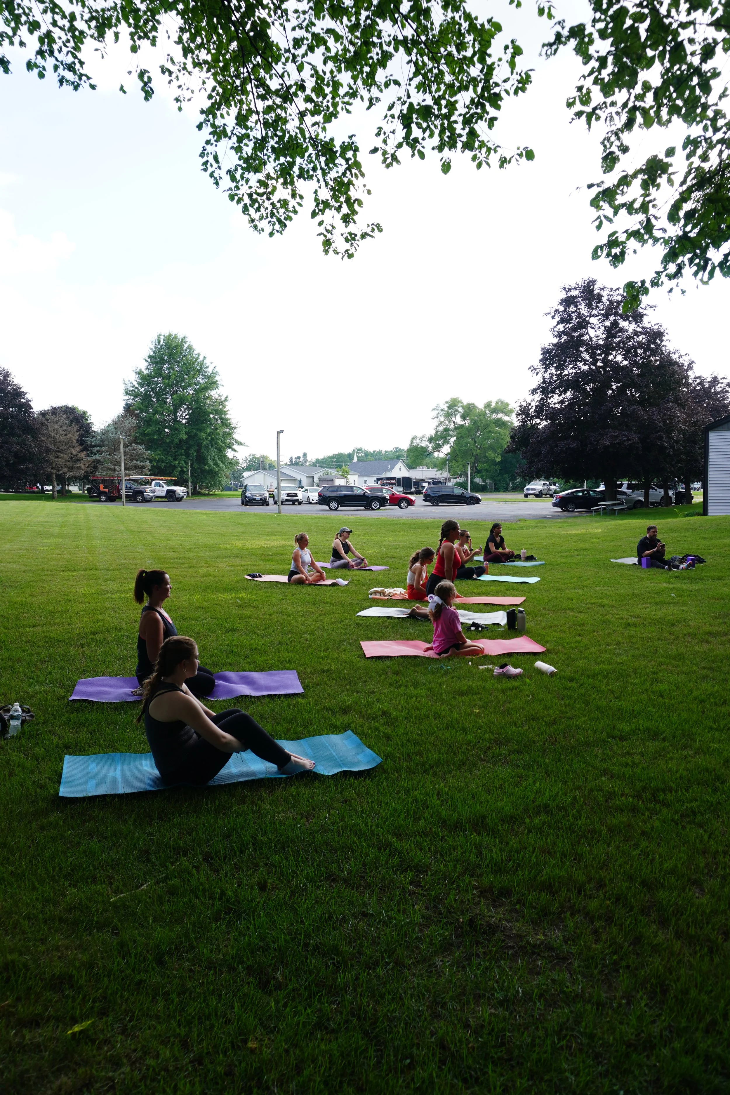 People participating in an outdoor yoga class on a grassy field with trees and parked cars in the background.