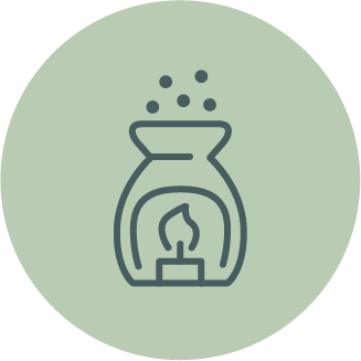 Illustration of a candle holder with a lit candle inside on a light green background.