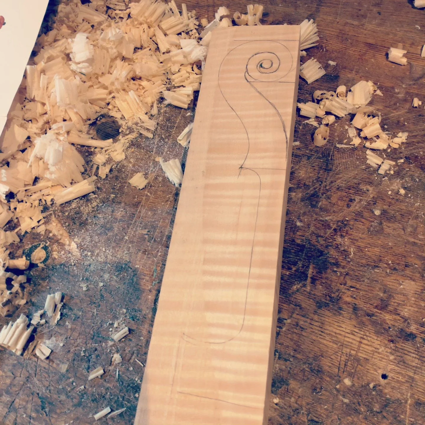 木材の上に鉛筆で描かれたスネークの輪郭線。周囲には木くずと木工作業の跡が散らばっている。