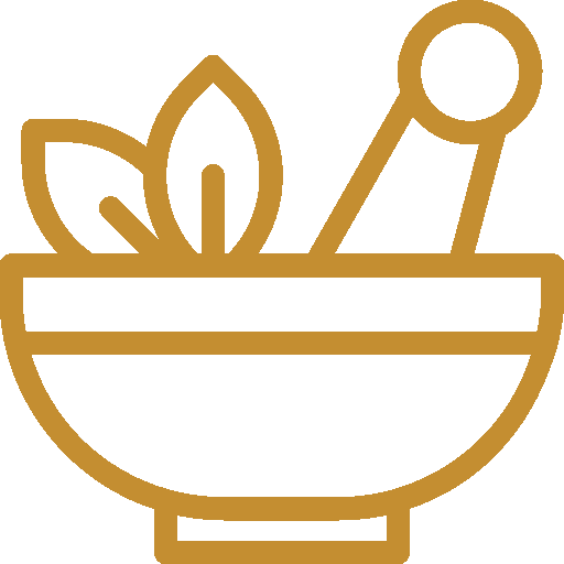 Outline icon of a bowl with leaves and a pestle.