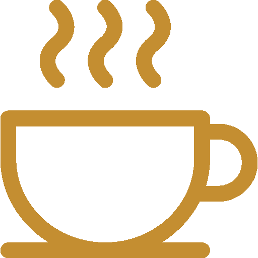 Icon of a steaming coffee cup with a handle on the right side.