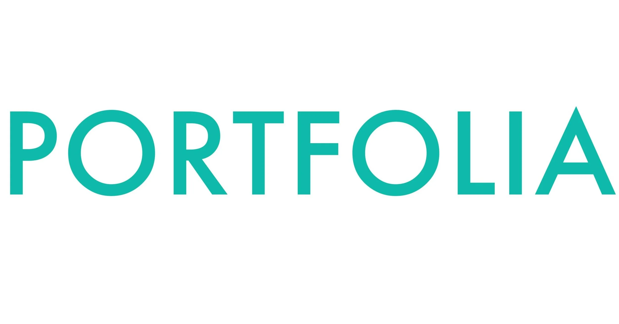 The word 'PORTFOLIA' written in large, teal-colored capital letters on a white background.