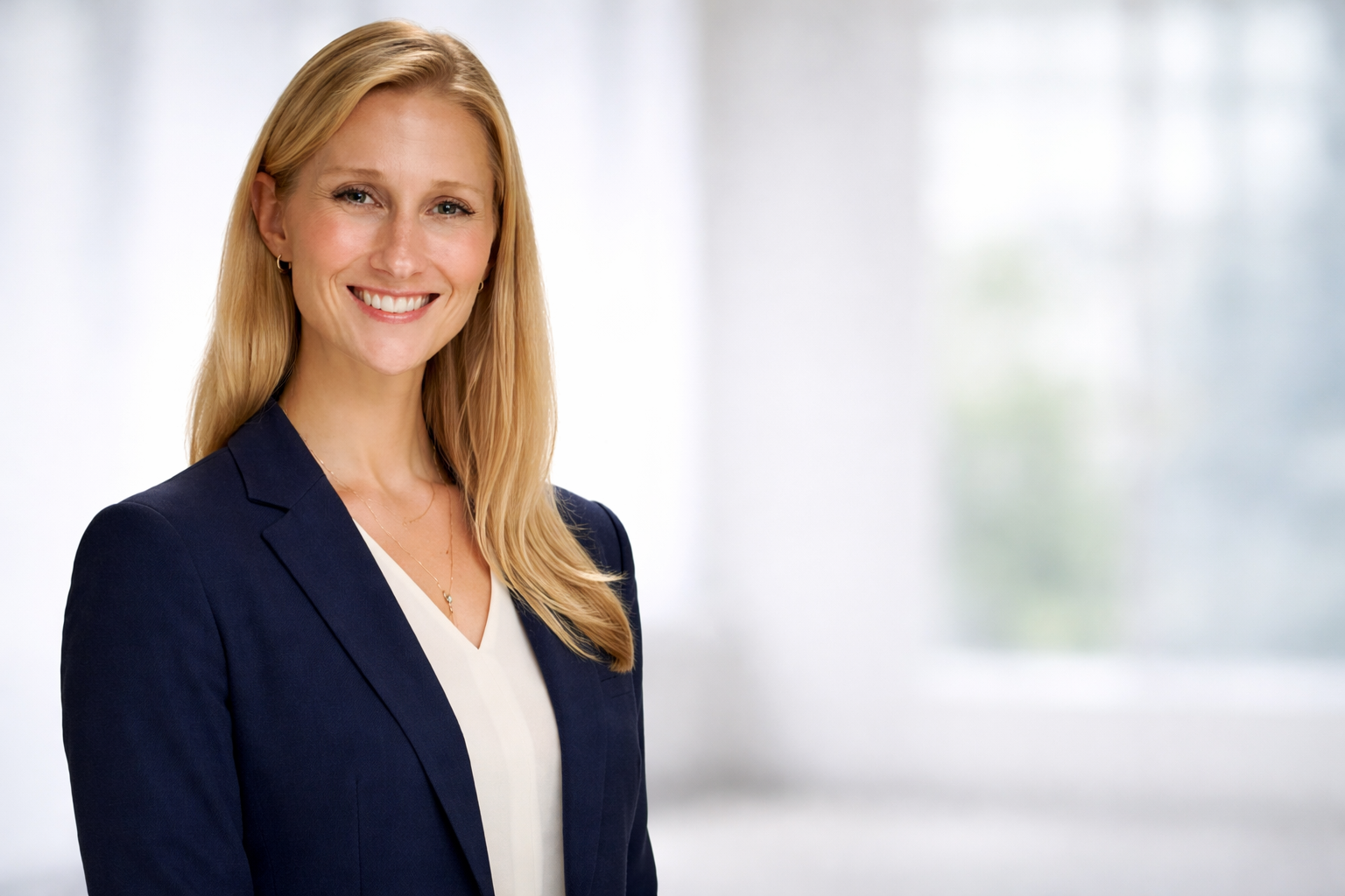 A woman with blonde hair, wearing a navy blazer and white top, smiling in a professional setting with blurred background.