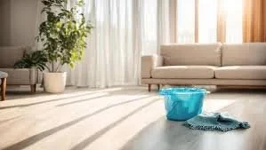Empty living room with a beige couch, potted plant, and cleaning bucket with cloth on the floor.