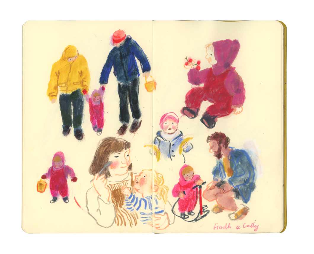 Illustration of a family with children, some playing outdoors and one being held, all dressed in winter clothes, in a colorful sketch style.