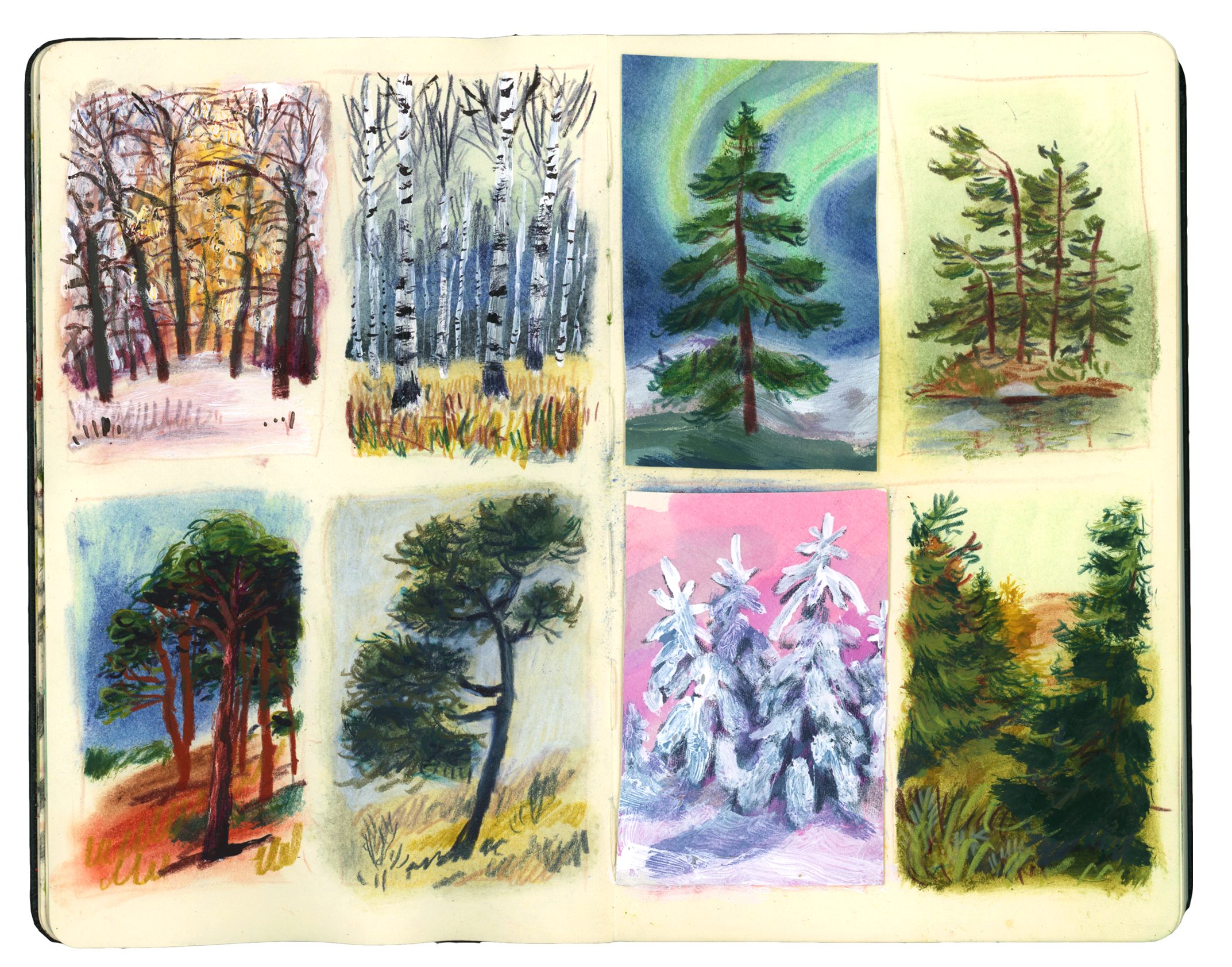 Collection of landscape paintings of trees in various seasons, including autumn, winter, and evergreen trees, in watercolor and mixed media styles.