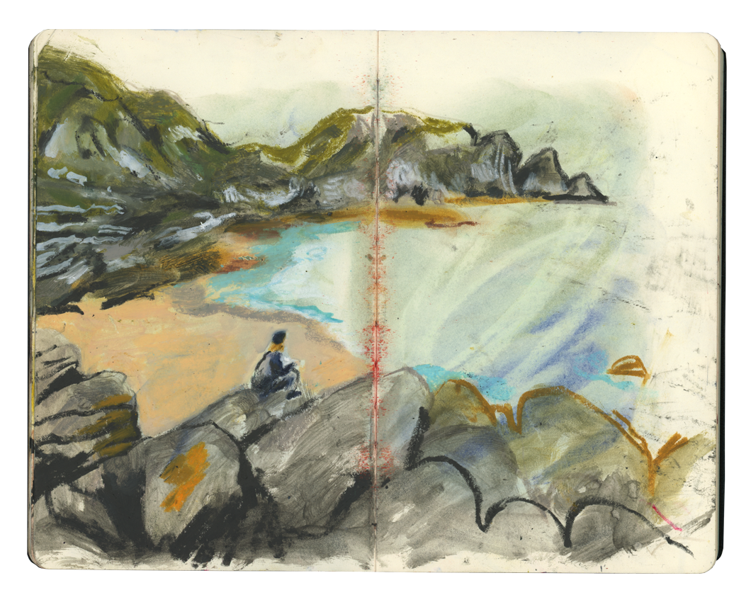 A watercolor painting of a person sitting on rocks by the seaside, with green hills and cliffs in the background, calm sea, and a cloudy sky.