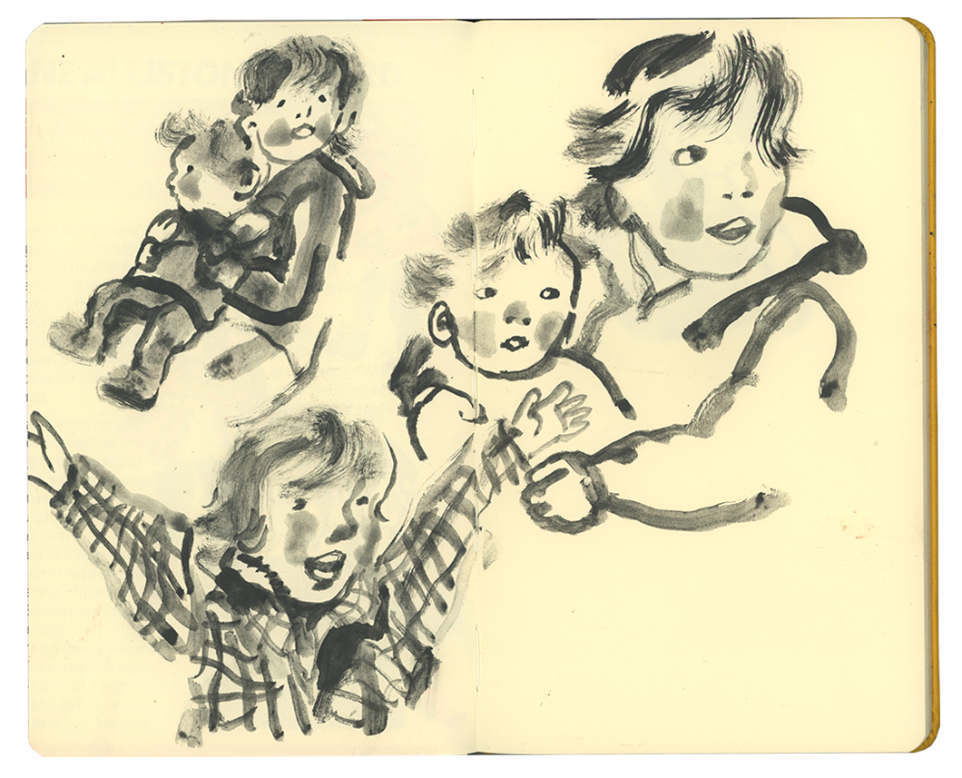 Sketch of four children with expressive faces, two holding hands and others with arms outstretched, drawn in black ink on a light background.